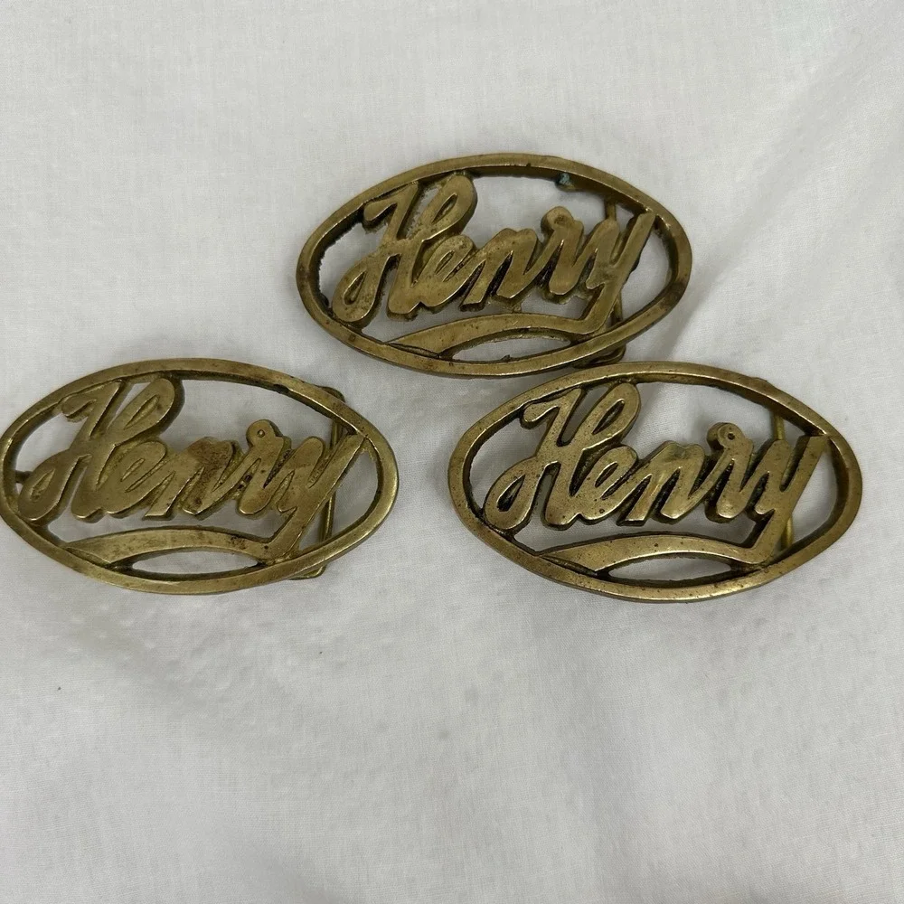 Henry - Brass Oval Belt Buckle Name In Cursive Marked Solid Brass‎ Taiwan